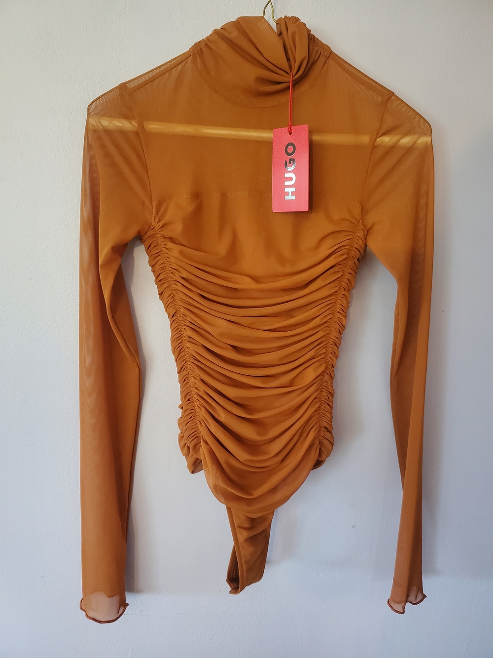HUGO Rust-Tone Ruched Sheer Bodysuit - Picture 4 of 6